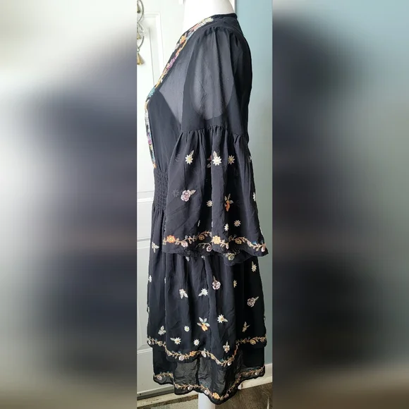 Anthropologie Maeve Anfisa Floral Embroidered Chiffon Mini Dress Womens 2 Black - Picture 3 of 16